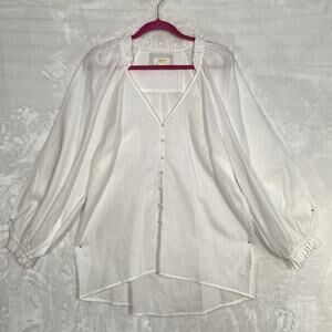 Anthropologie Maeve 100% Linen Top XL White V-Neck Puff Sleeve The Audie